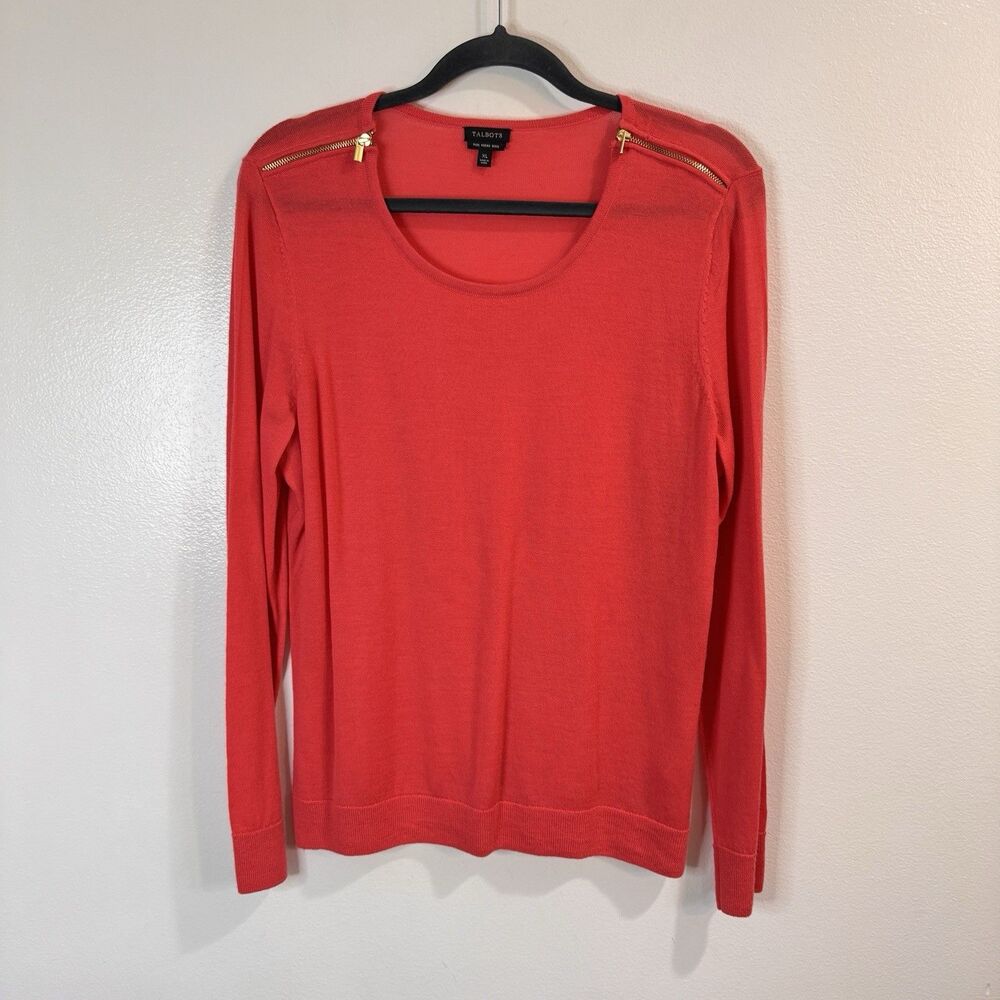 Talbots Sweater Shirt XL 100% Pure Merino Wool Lightweight Knit Red Gold Zippers